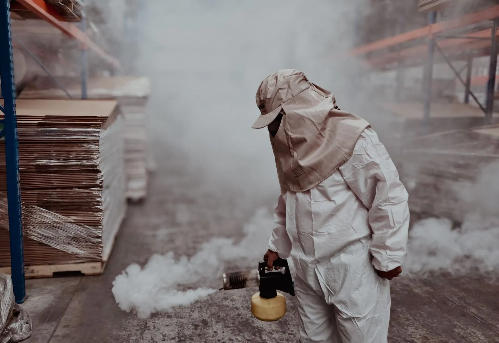 Pest technician in protective gear treating a warehouse